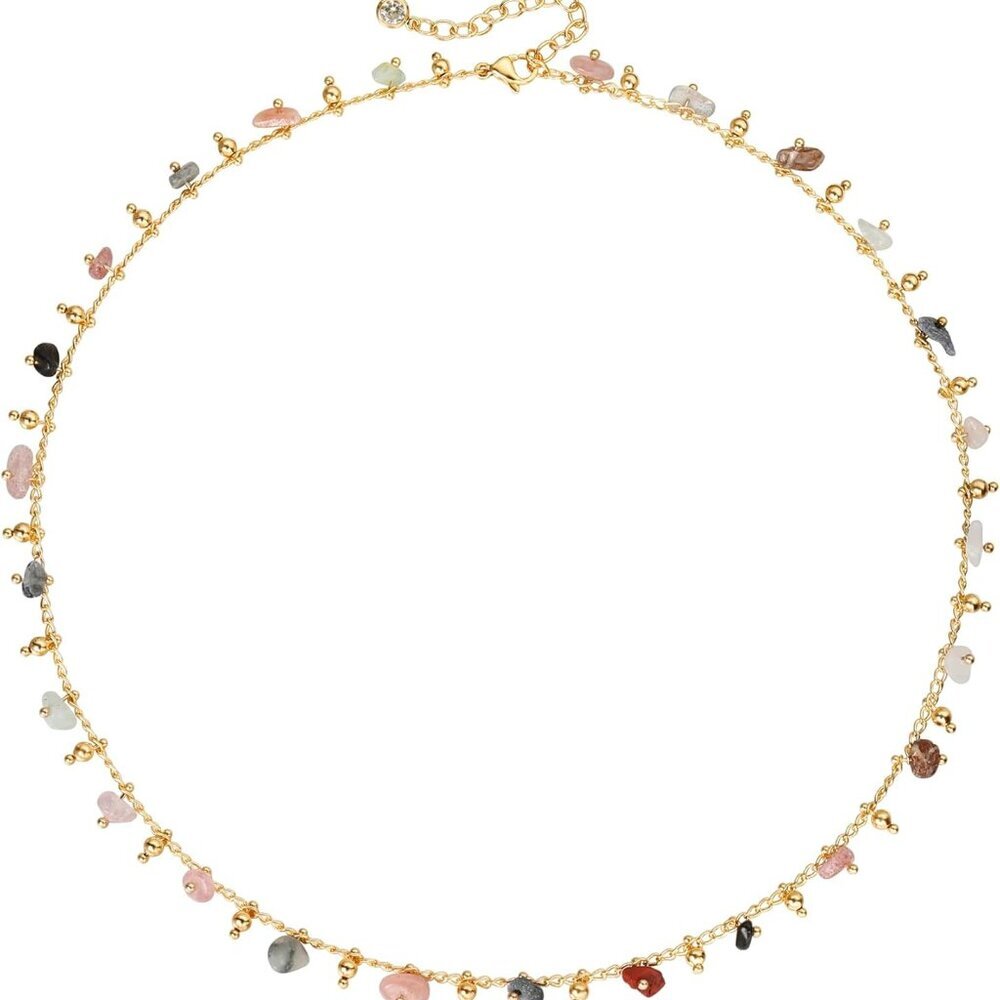 Beaded Necklaces for Women 14K Gold Plated Dainty Colorful Green/Rose Beaded Pea